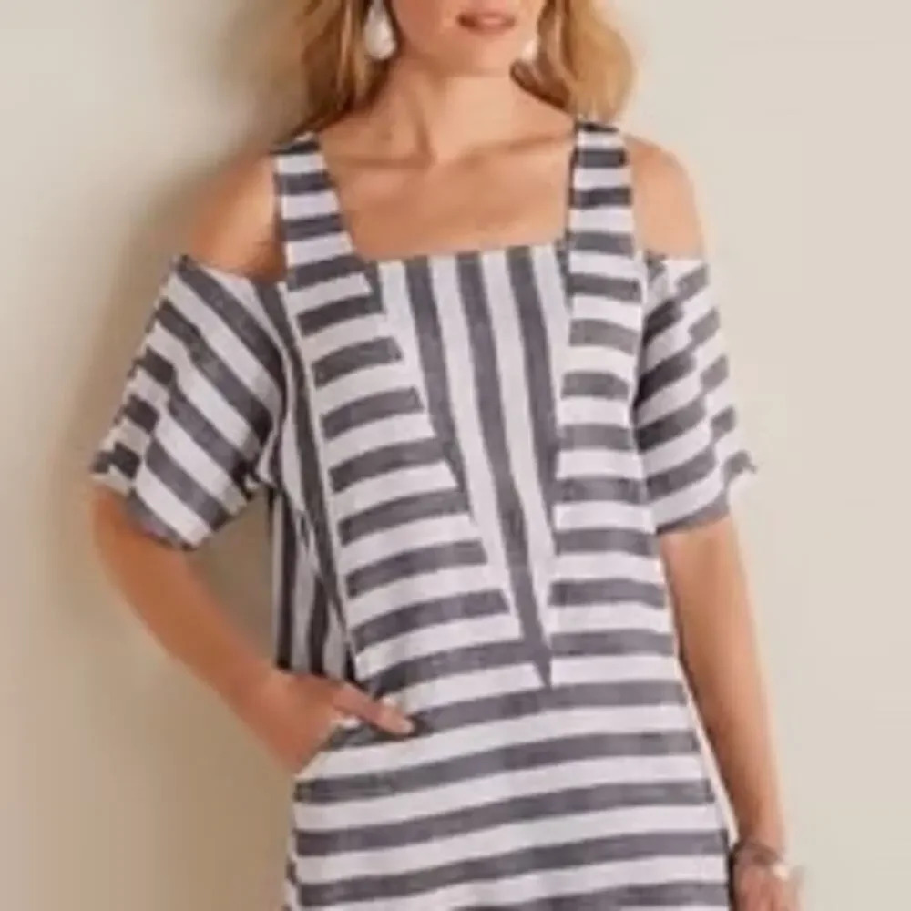 Soft Surroundings Sunset Park Women's Xs Gray Striped Cold Shoulder Linen Top